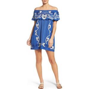 Revolve Red Carter Off Shoulder Embroidered Cover Up Shift Dress XS Blue